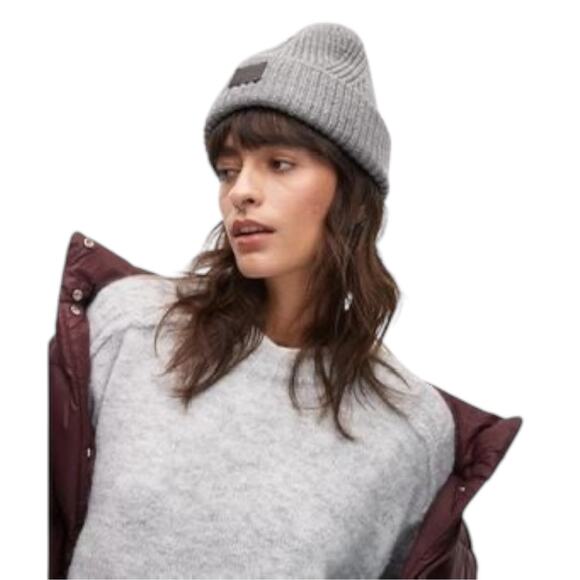 ALLSAINTS Beanie Traveling Rib Cuff Patch Hat Grey Marl Unisex - Picture 3 of 4